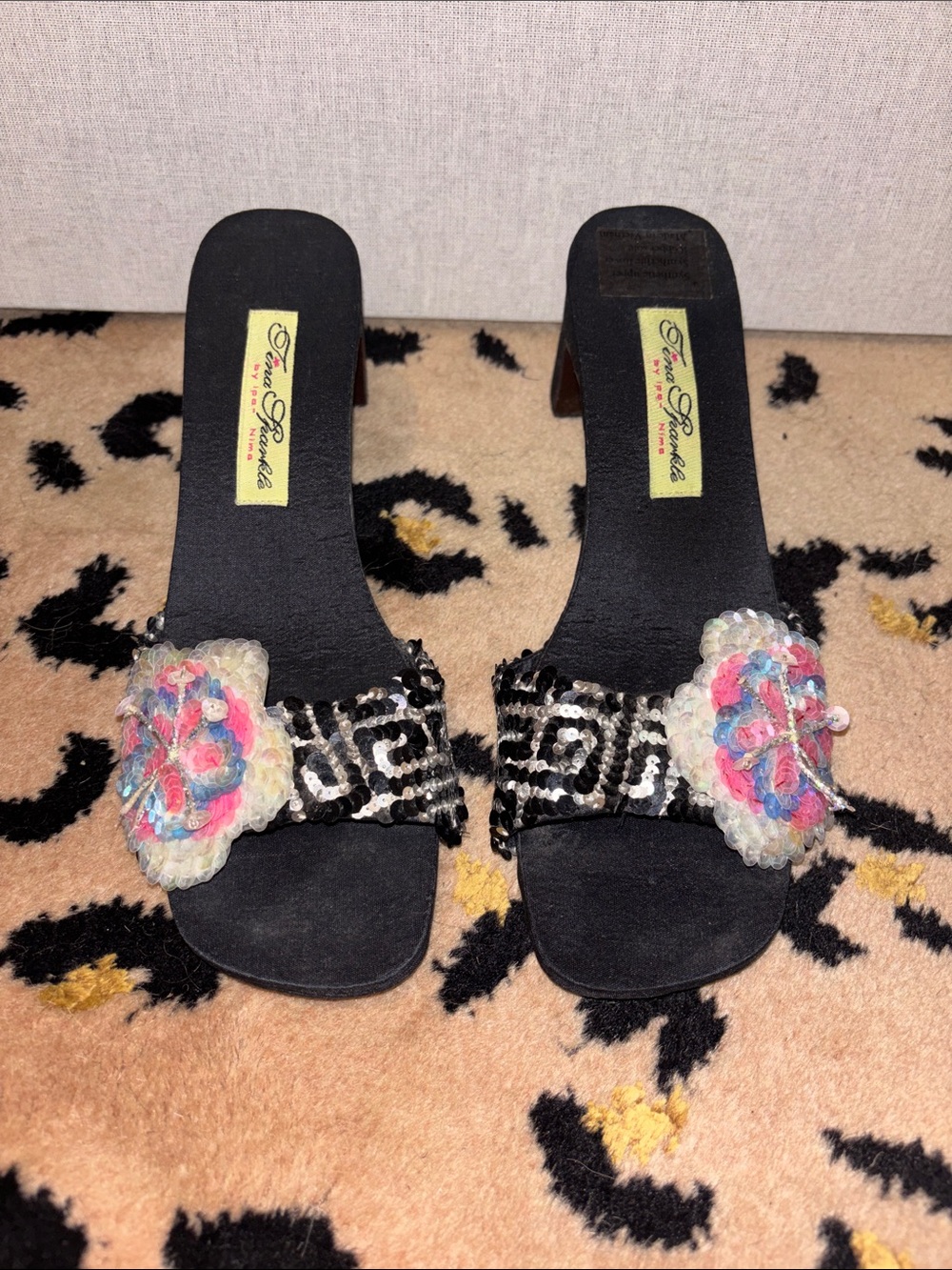 Tina Sparkle by Ipo Nima Black Beaded Slide Heels with Multicolor Sequin Flowers